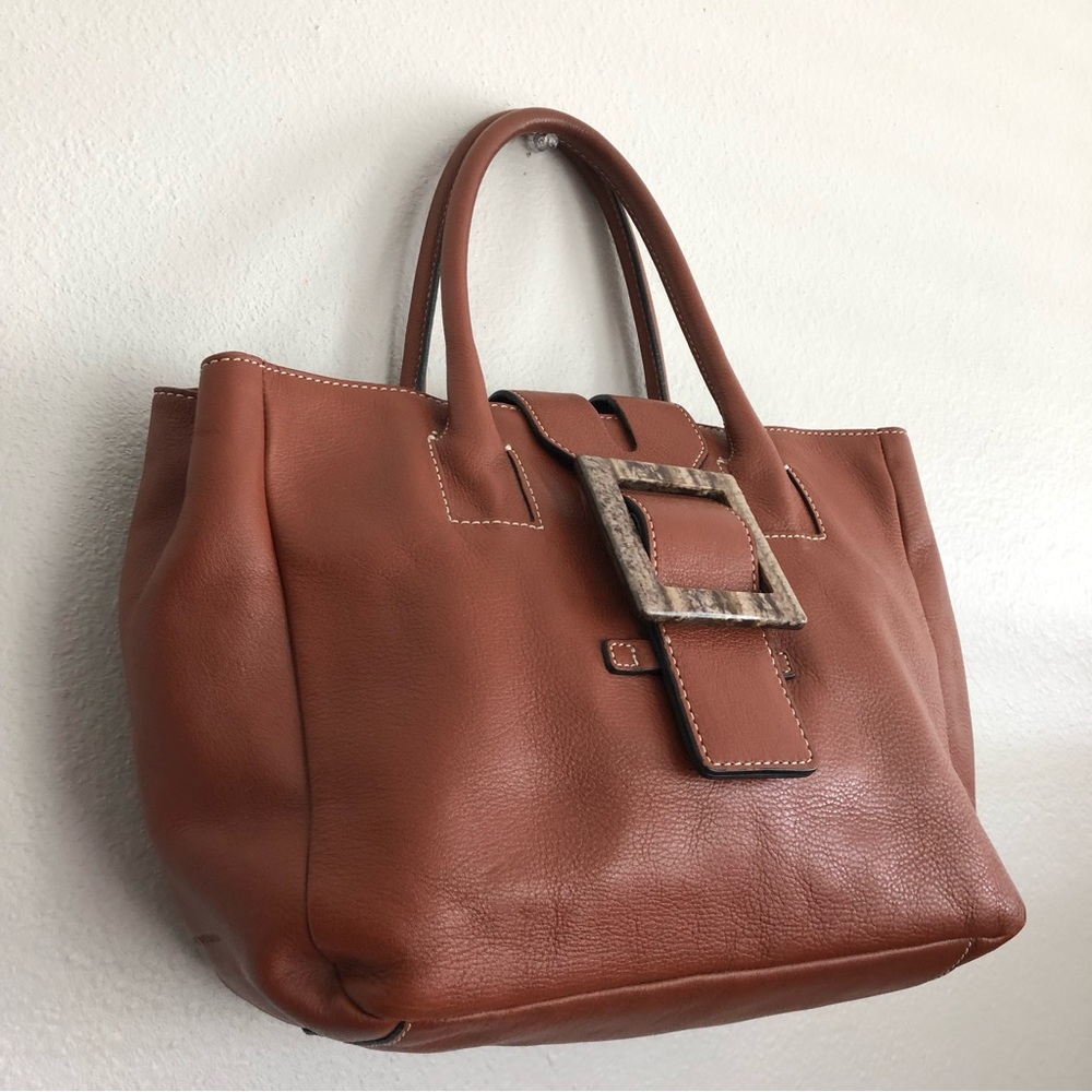 Adrienne Vittadini Camel Brown Leather Tote Bag - Picture 7 of 14